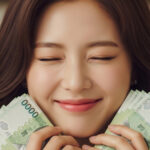 돈다발을 들고 웃는 여자