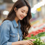 전통시장에서 채소를 직접 고르는 모습