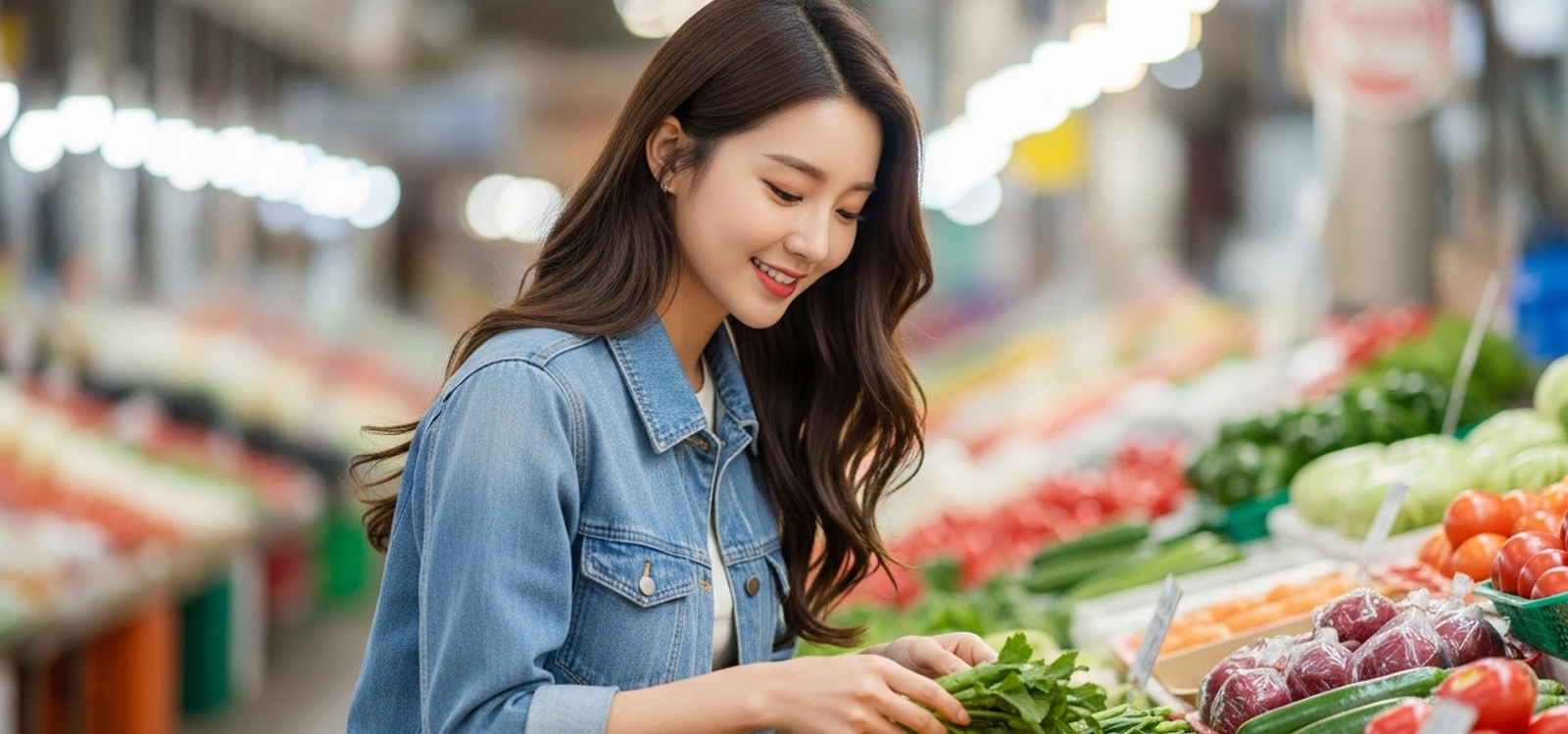 전통시장에서 채소를 직접 고르는 모습
