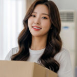 새 아파트 거실에서 박스를 옮기는 모습