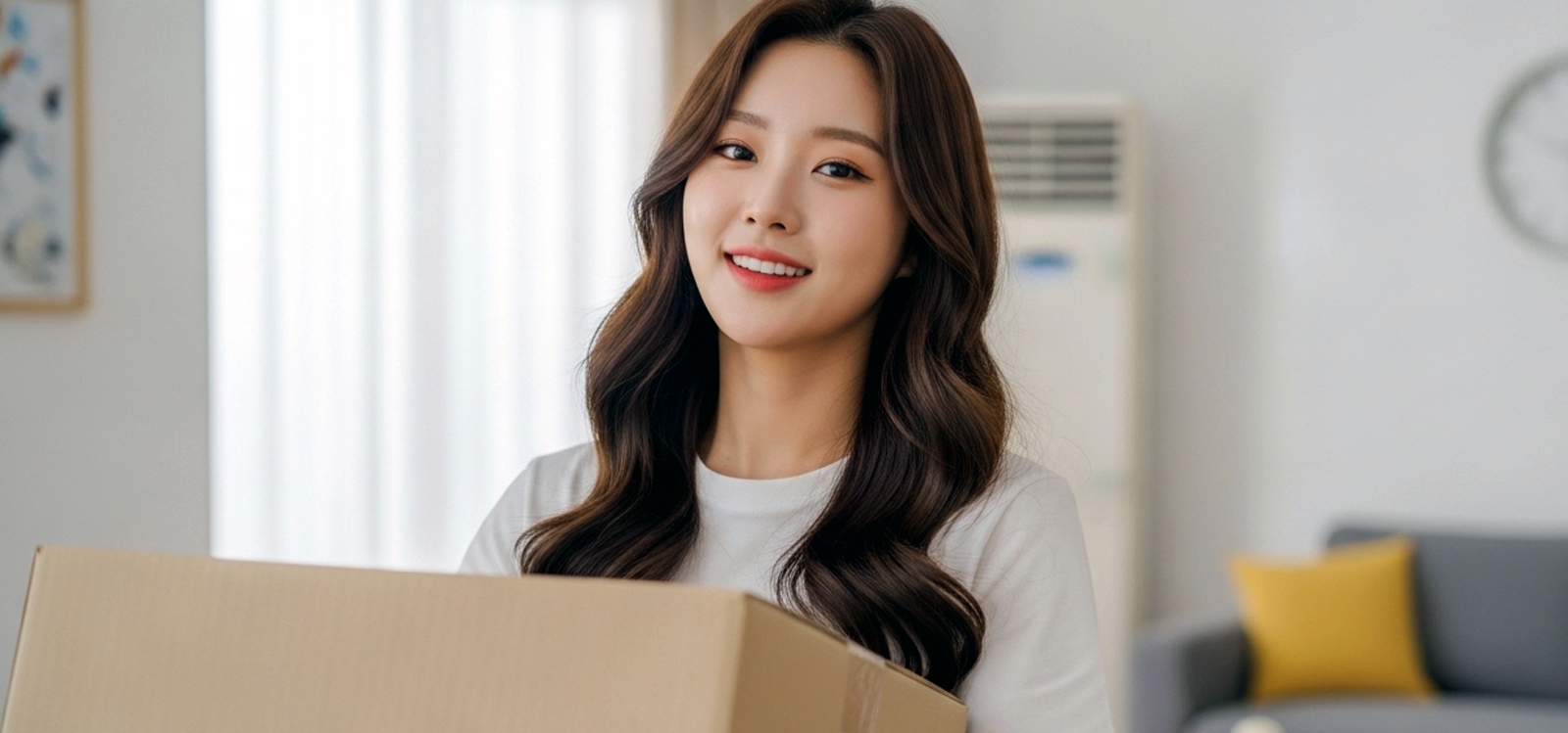 새 아파트 거실에서 박스를 옮기는 모습