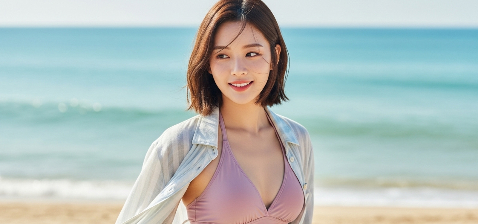 해변에서 얇은 셔츠를 바람에 날리며 걷는 모습