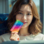 버스 안 좌석에 앉아 교통카드 들고 있는 모습