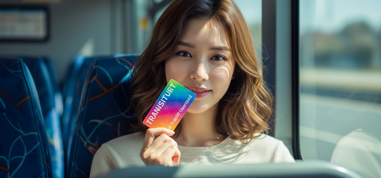 버스 안 좌석에 앉아 교통카드 들고 있는 모습