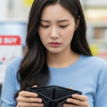 마트 계산대 앞에서 빈 지갑을 보고 난감해하는 모습