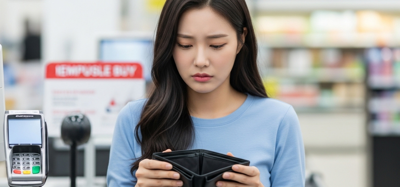마트 계산대 앞에서 빈 지갑을 보고 난감해하는 모습