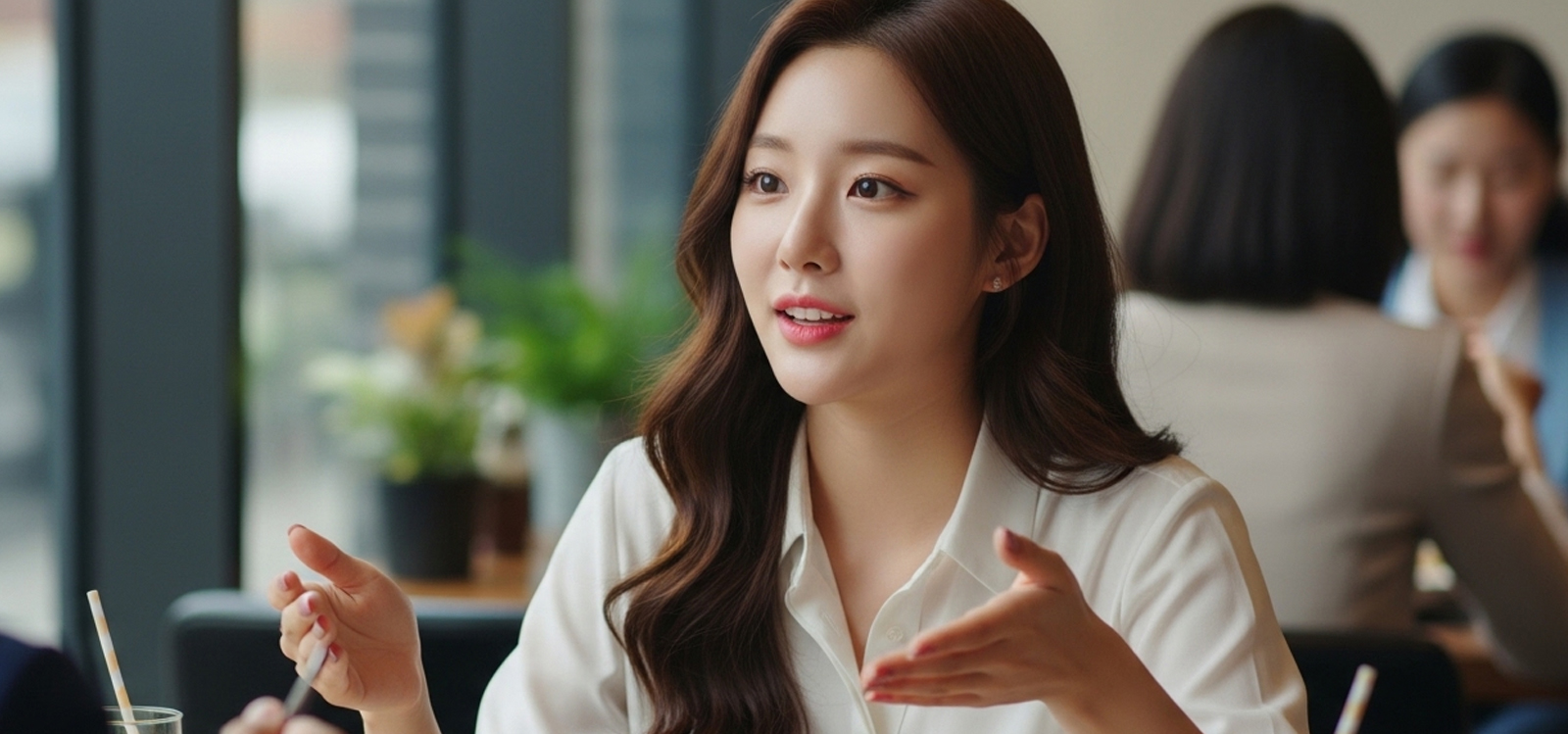 식당에서 점심 메뉴가 나오기 전 동료들과 즐겁게 대화하는 직장인 모습