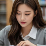 도서관에서 자료 정리하며 연구하는 대학생