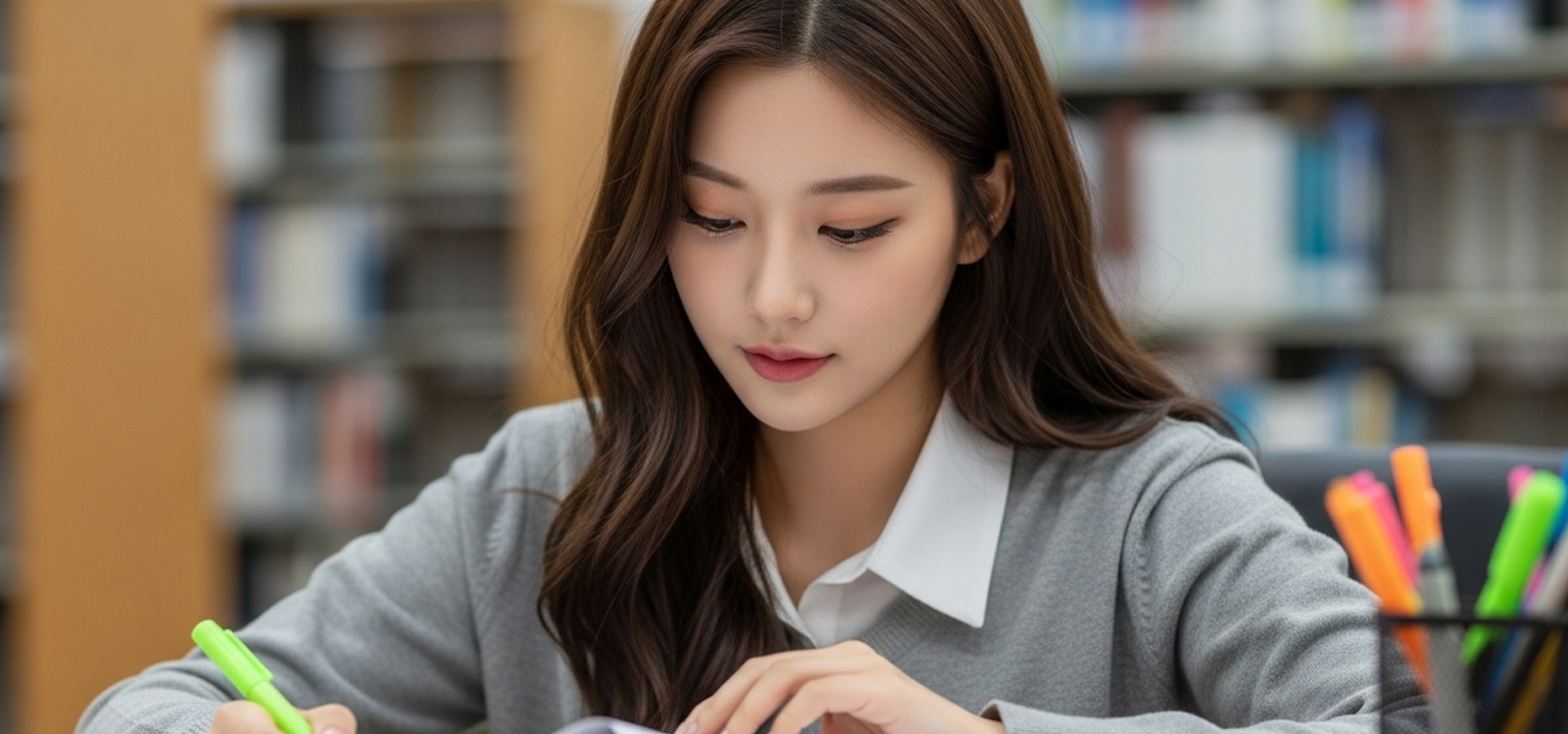 도서관에서 자료 정리하며 연구하는 대학생