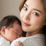 신생아를 어깨에 기대게 하고 토닥여주는 엄마