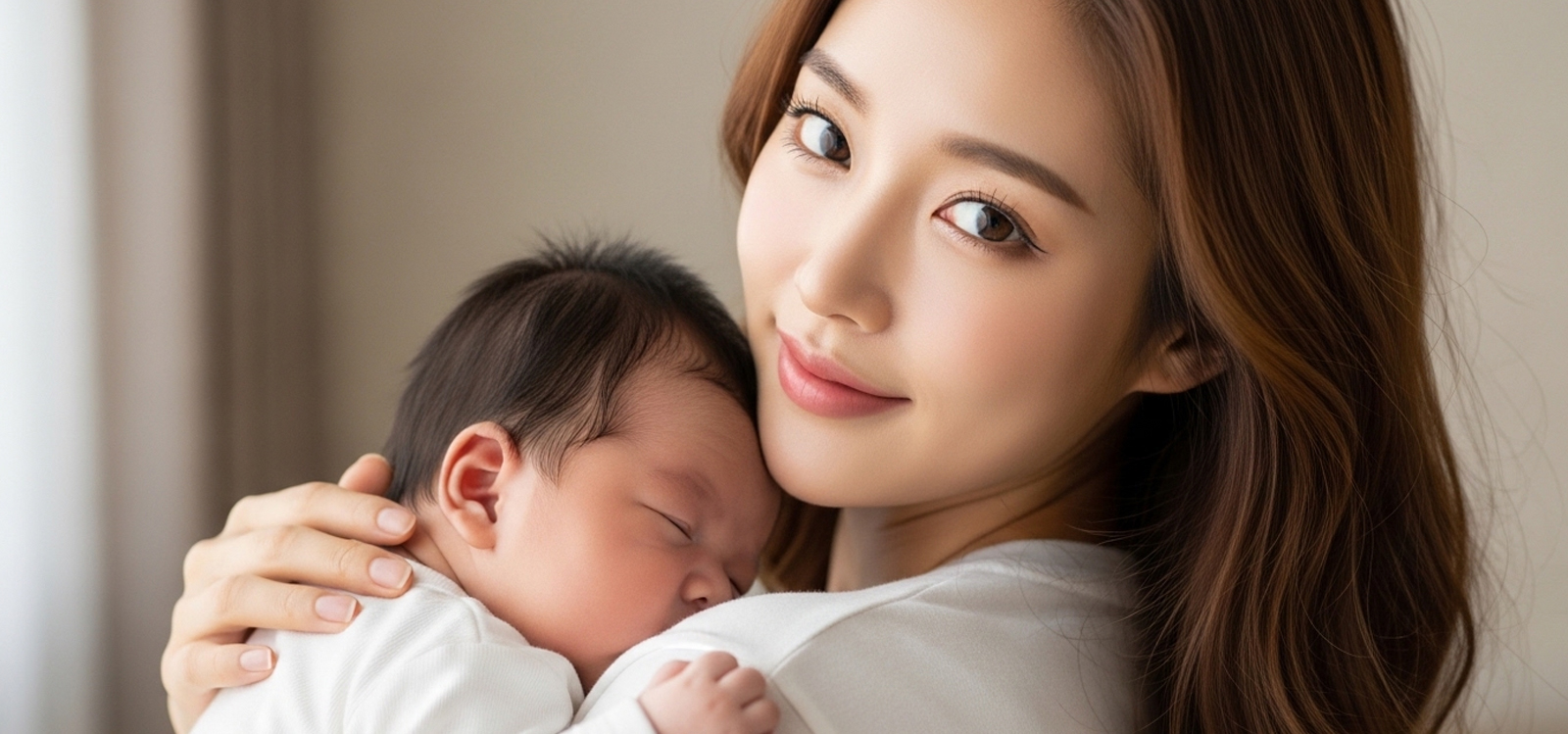 신생아를 어깨에 기대게 하고 토닥여주는 엄마