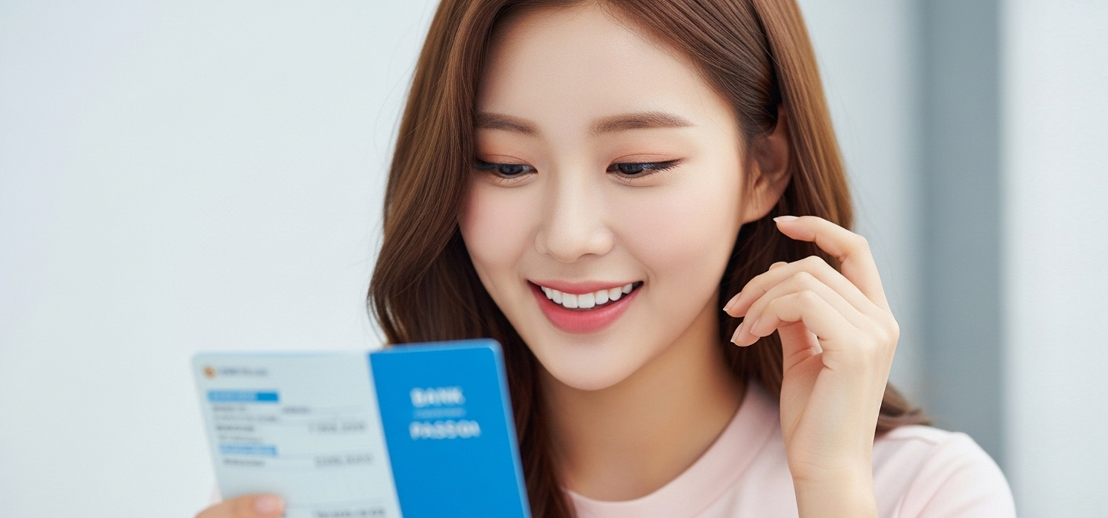 은행 창구에서 통장을 확인하는 모습