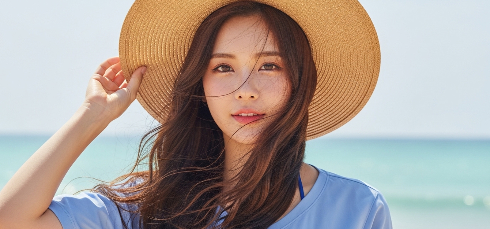 휴양지에서 바람에 머리카락이 흩날리는 순간