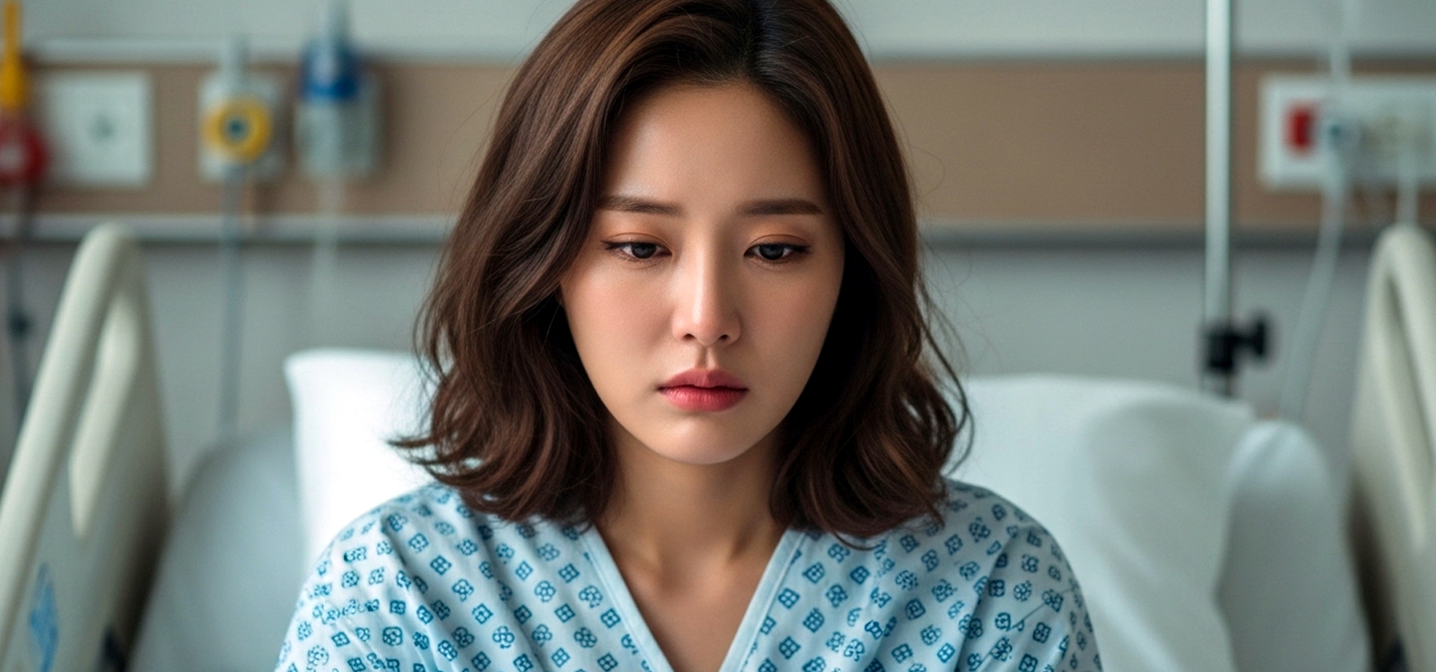 병원 침대에서 치료를 받으며 걱정하는 환자