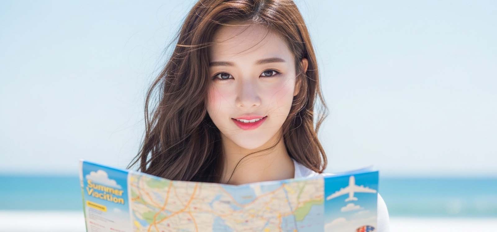 해변에서 바람에 머리가 날리며 여행 지도를 펼쳐 보는 모습