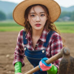 밭에서 호미로 흙을 고르는 모습