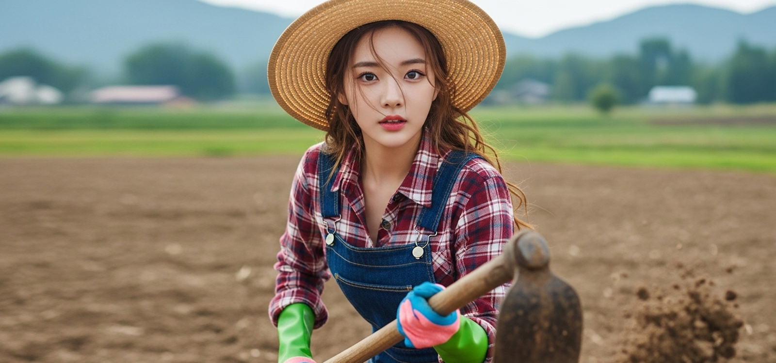 밭에서 호미로 흙을 고르는 모습