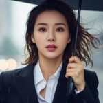 비 오는 날 우산을 펴며 뛰어가는 모습