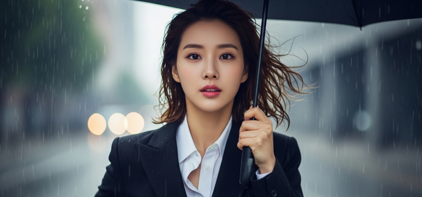 비 오는 날 우산을 펴며 뛰어가는 모습