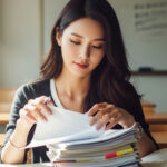 도서관에서 책 정리하며 공부 준비하는 모습