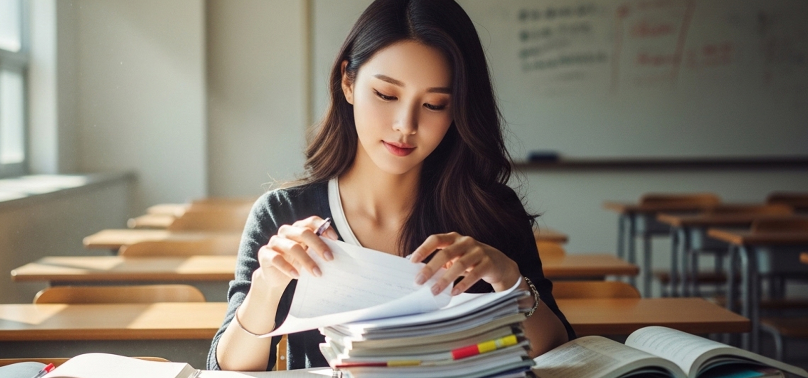 도서관에서 책 정리하며 공부 준비하는 모습