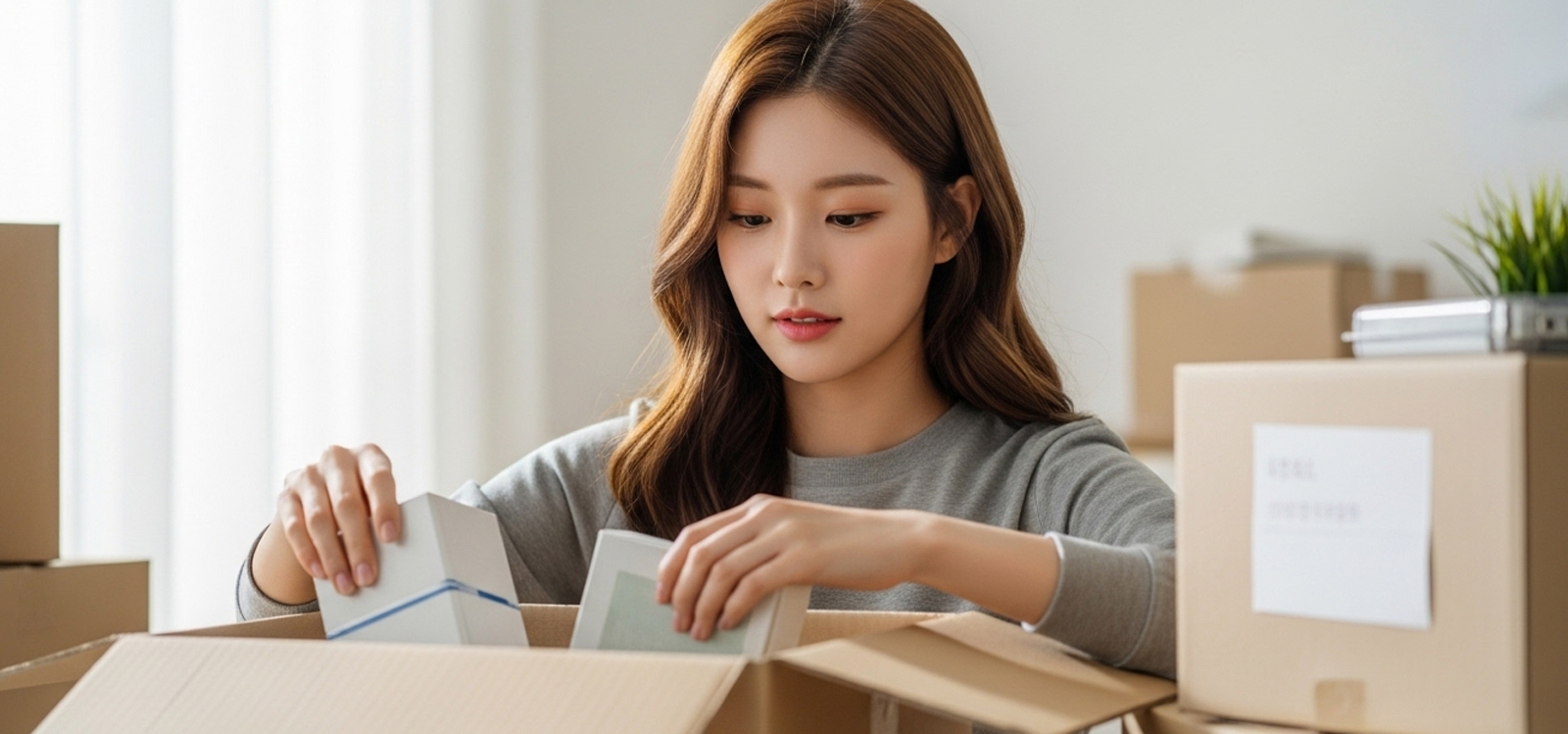 박스 정리하며 짐 싸는 모습