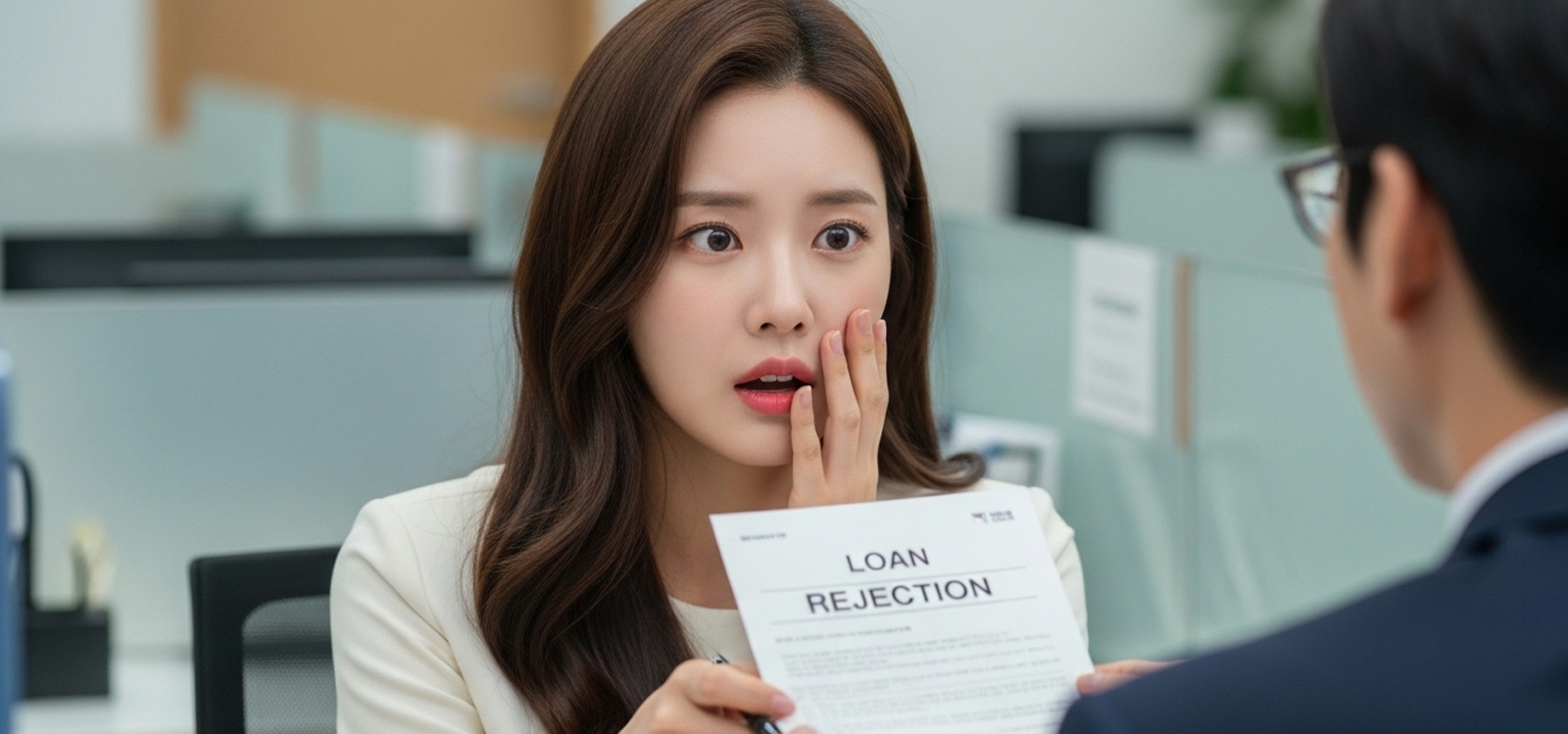 대출 거절 서류를 두 손으로 움켜쥐며 충격받은 모습
