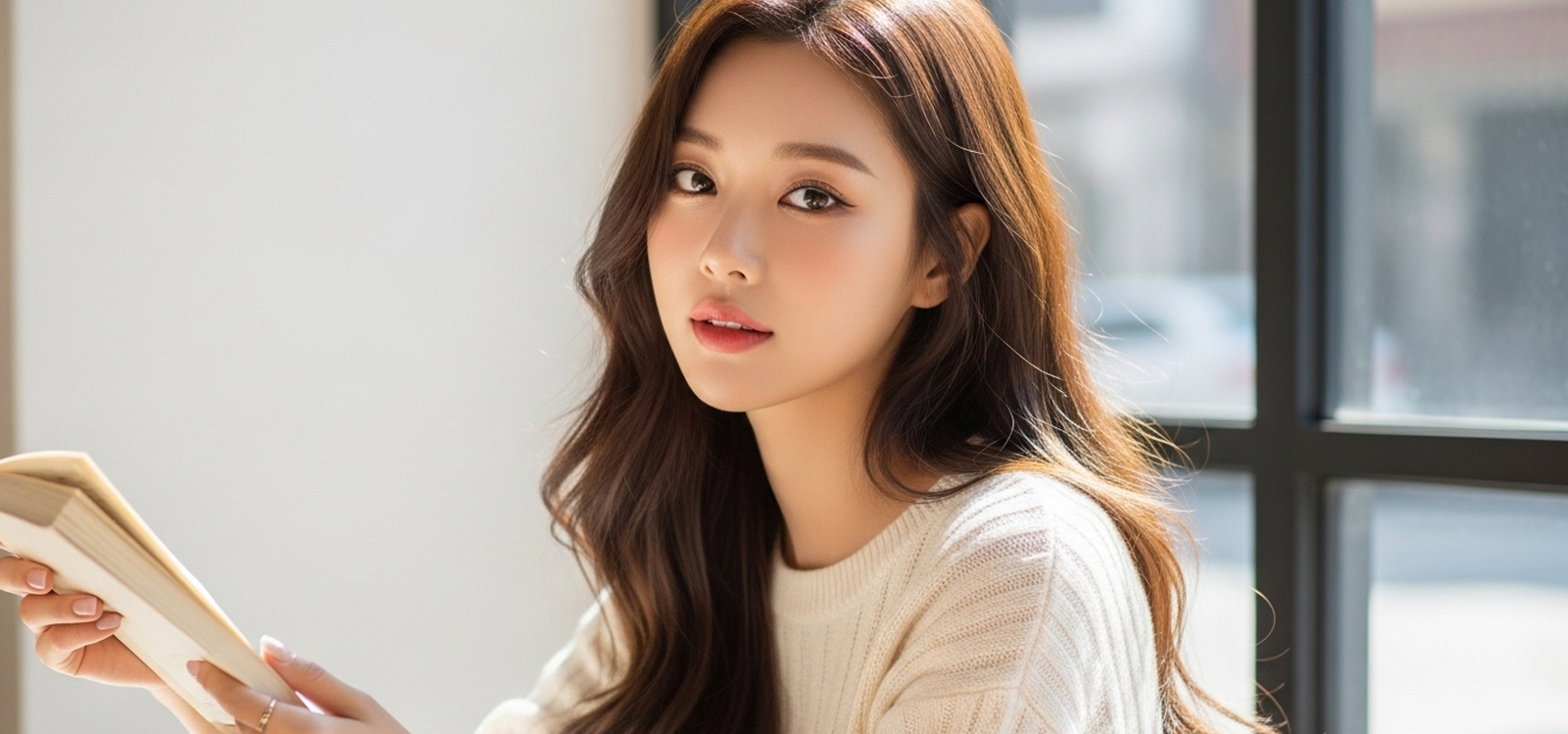 카페 창가에서 햇살 받으며 책 정리하는 모습