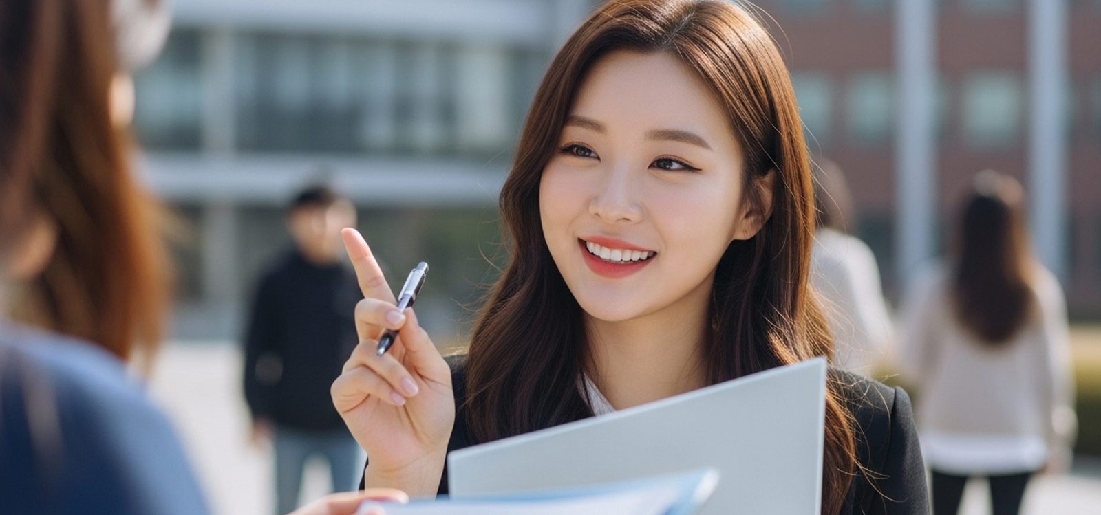 캠퍼스에서 친구들과 프로젝트 발표 준비하는 모습