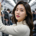 지하철 손잡이를 잡고 이동 중 균형 잡는 모습