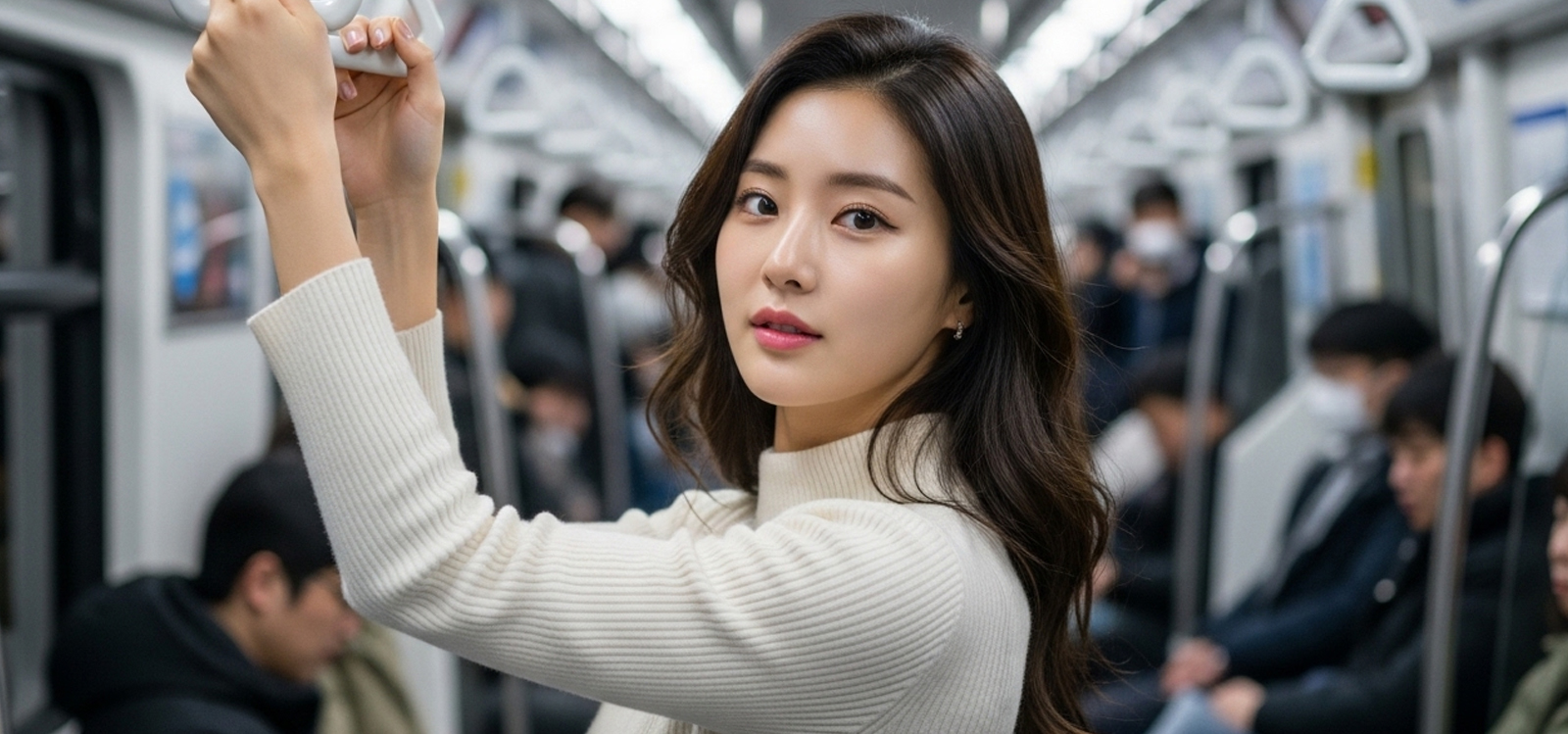 지하철 손잡이를 잡고 이동 중 균형 잡는 모습