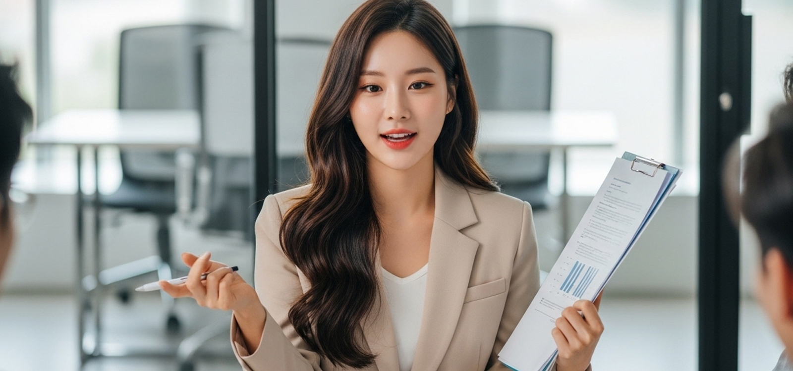 창업 아이디어 회의 중 적극적으로 설명하는 모습