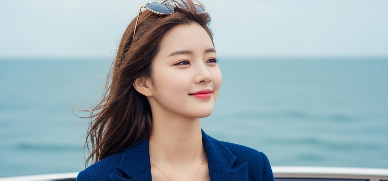 해변에서 바람에 머리가 흩날리는 모습