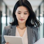 복도에서 서류를 보는 직장인