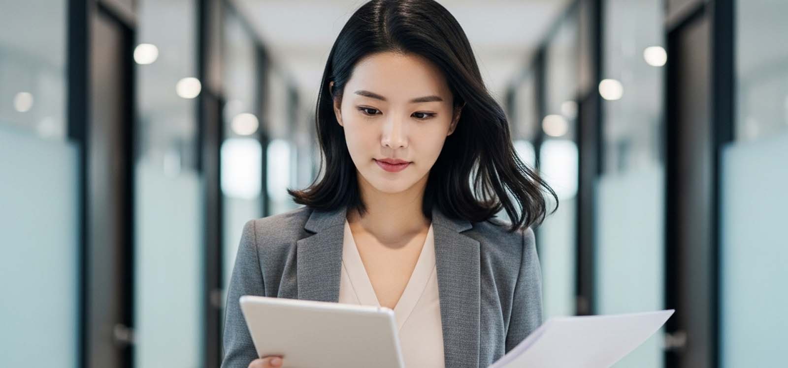 복도에서 서류를 보는 직장인