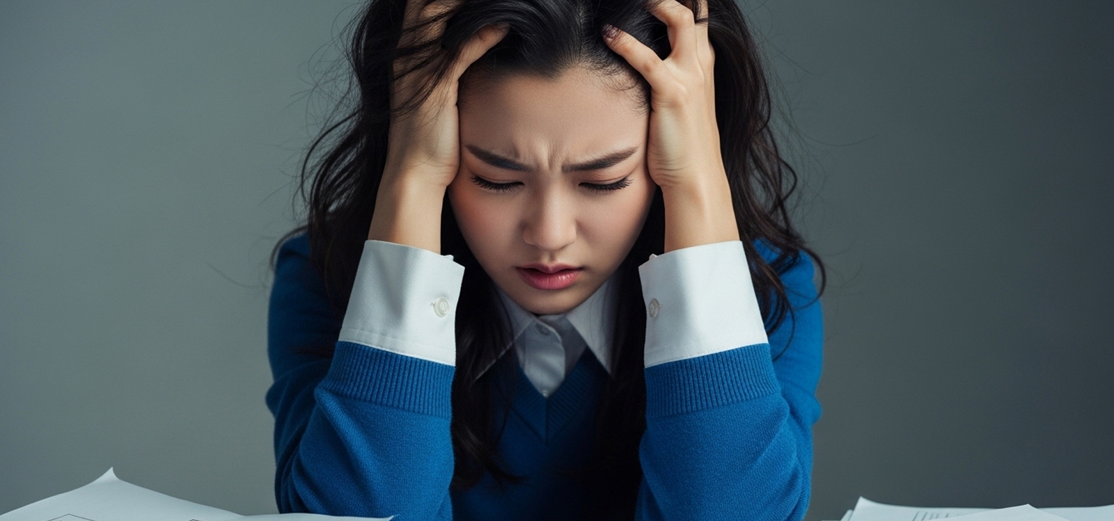 스트레스로 머리를 감싸쥐고 생각 정리하는 모습