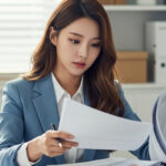 사무실에서 서류를 정리하며 바쁘게 움직이는 모습