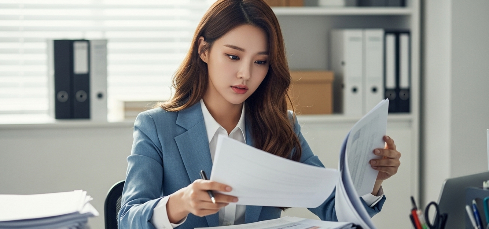 사무실에서 서류를 정리하며 바쁘게 움직이는 모습
