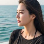 해변을 옆모습으로 걸으며 바람을 느끼는 모습