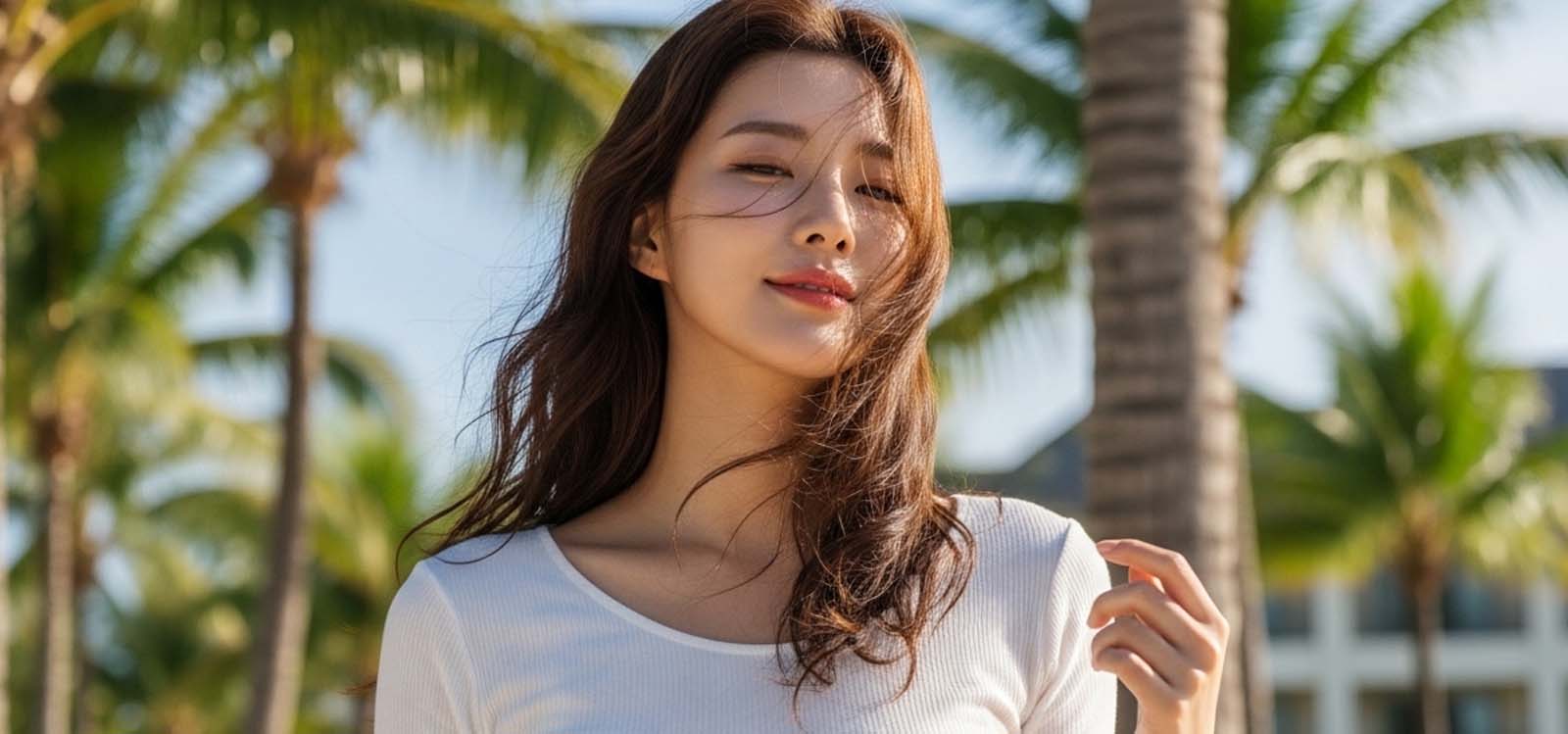 바닷바람에 머리가 날리며 웃는 모습