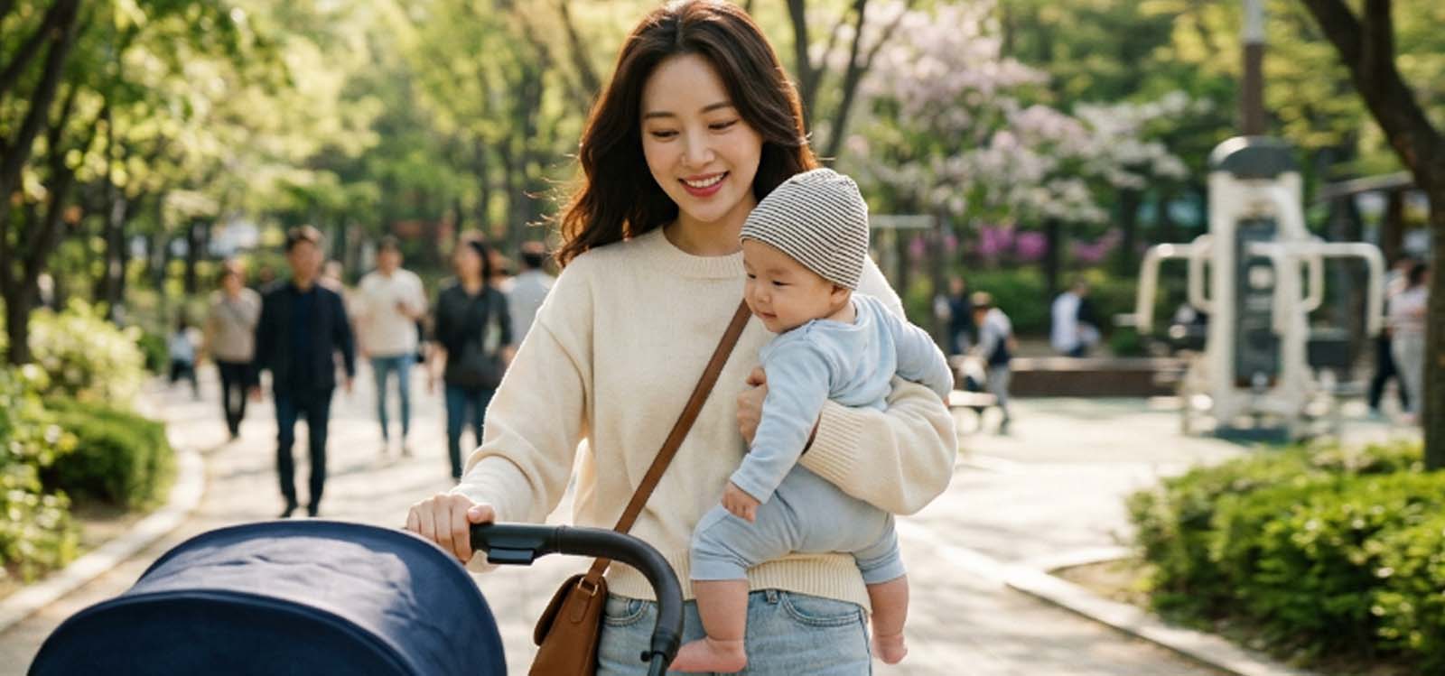 아기를 안고 유모차를 밀며 산책하는 모습