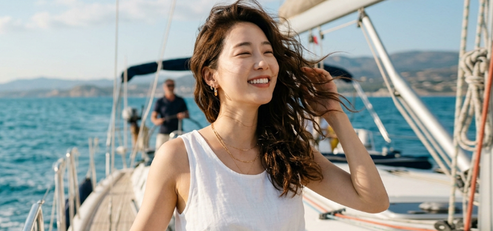요트 위에서 바람을 느끼는 모습