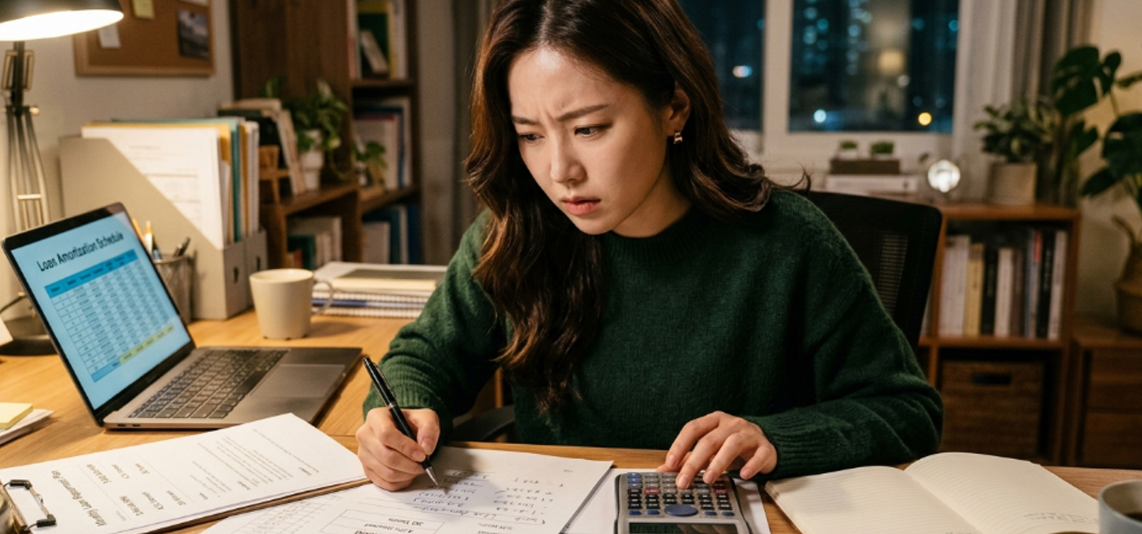 계산기 두드리며 불안해하는 모습