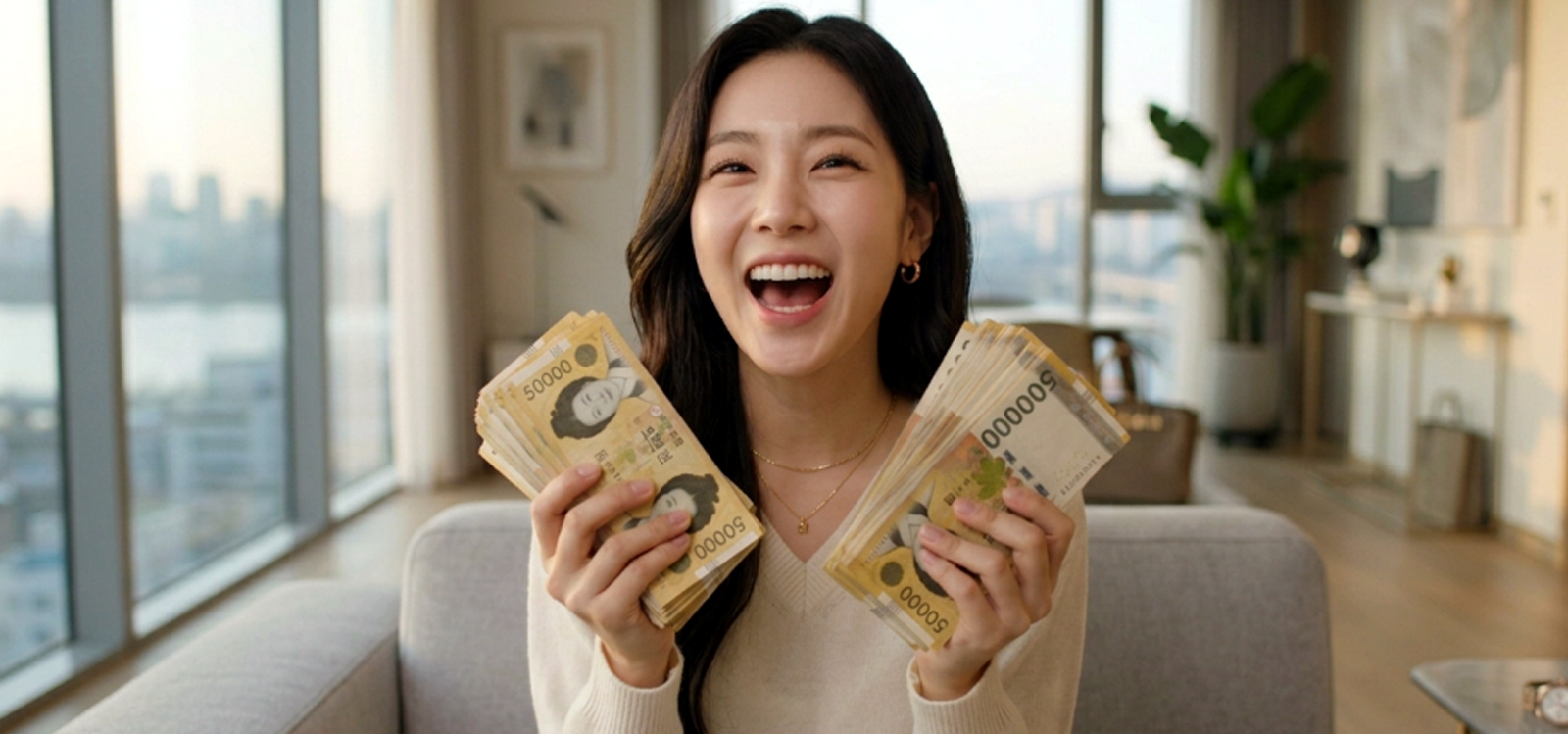 돈다발을 들고 목표 금액 달성하는 모습