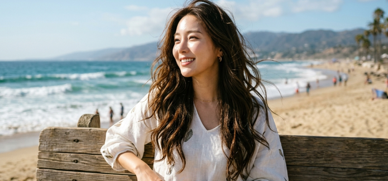 바닷가 벤치에서 바람 즐기는 모습