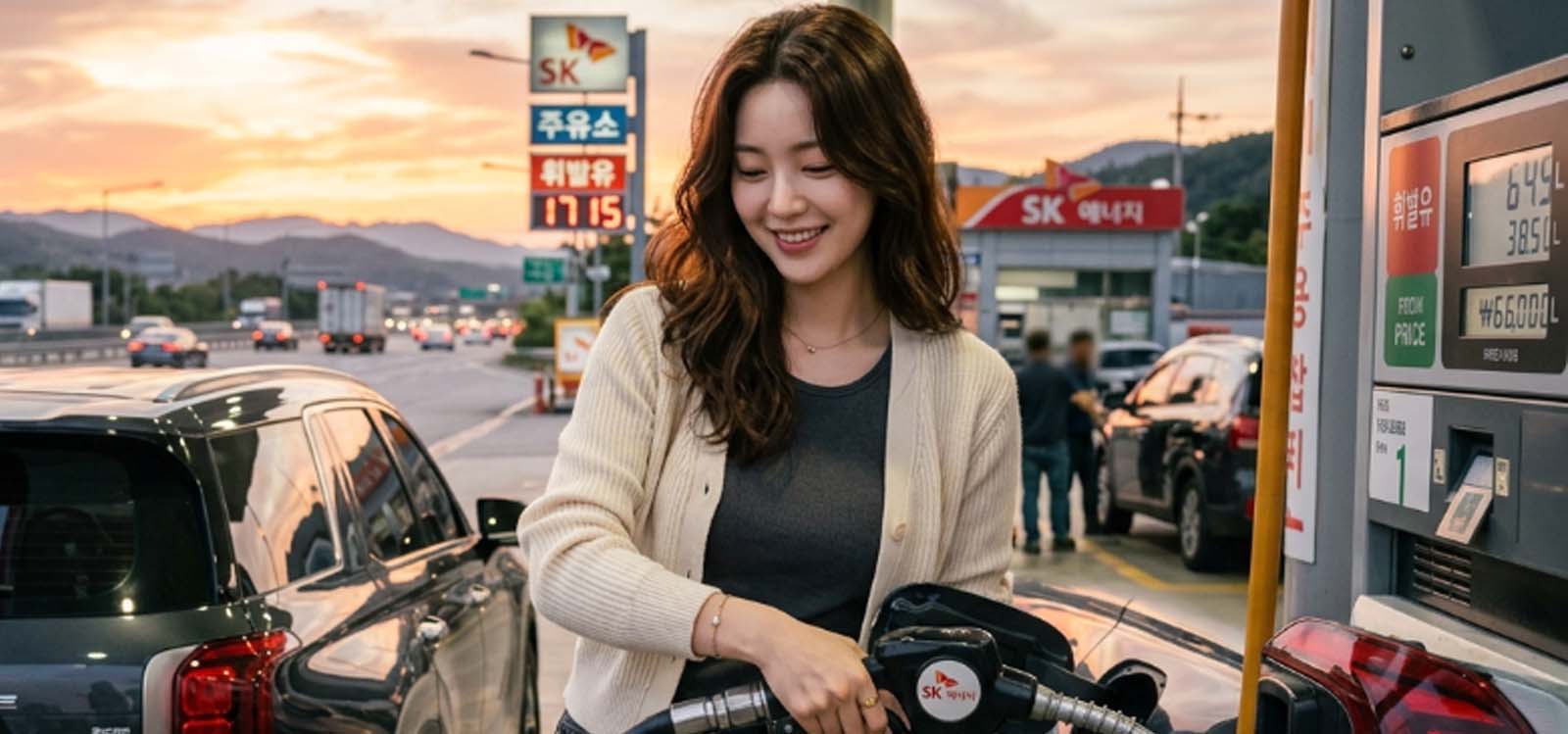 고속도로 여행 중 주유하는 모습