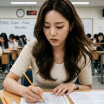 토익 시험장에서 LC 문제를 집중해서 듣고 있는 모습