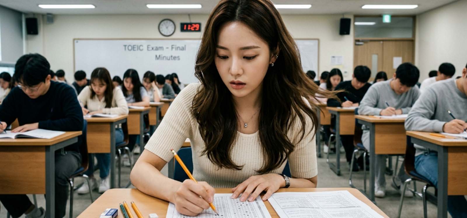 토익 시험장에서 LC 문제를 집중해서 듣고 있는 모습