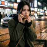 새벽 거리에서 불안하게 전화하는 모습