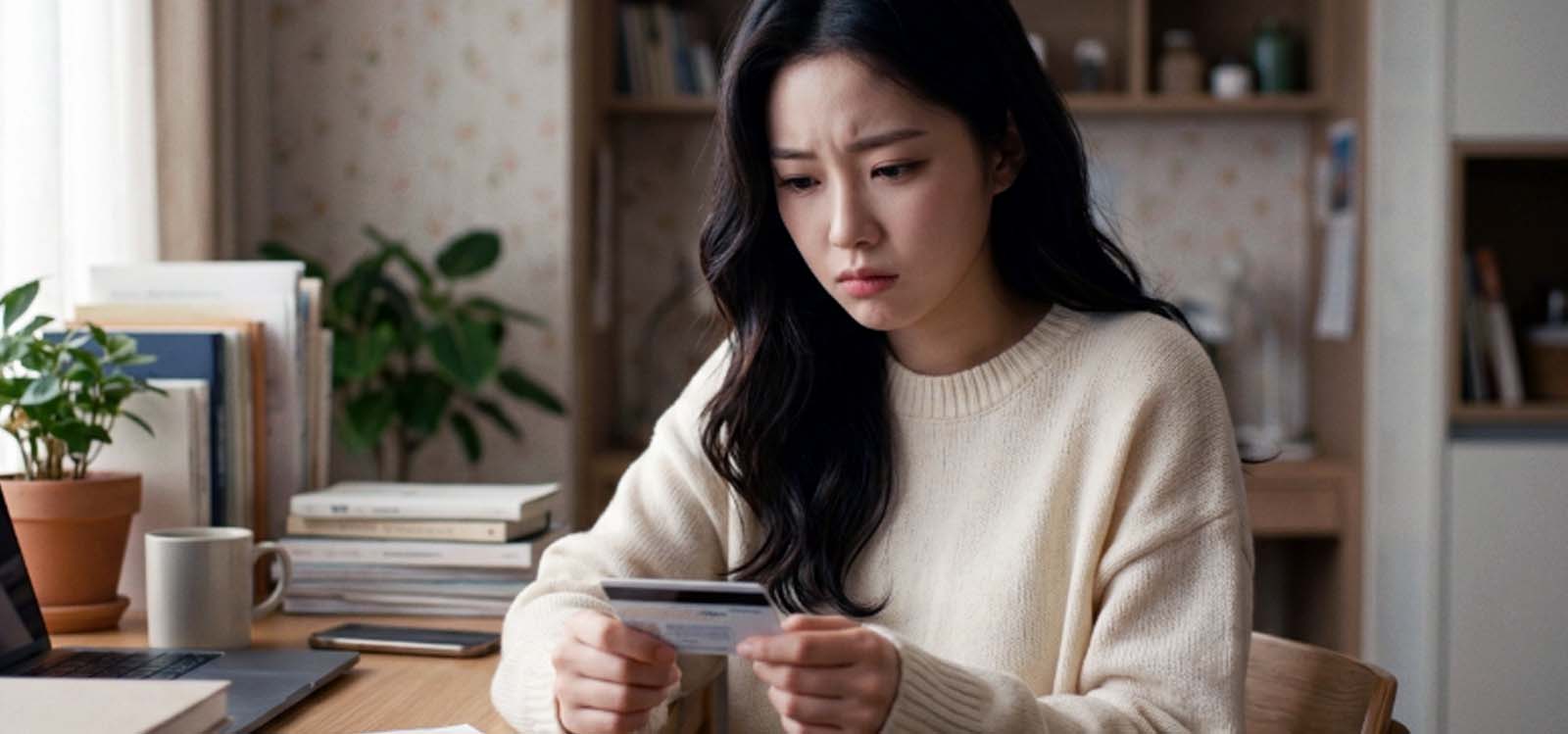 신용카드를 들고 고민하는 모습